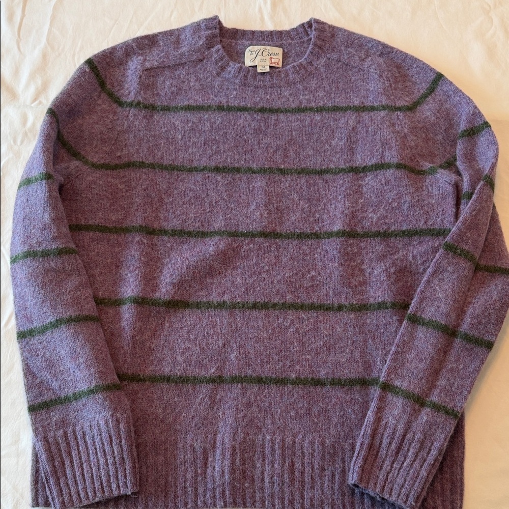 J. Crew Lavender and Olive Striped Crewneck Sweater